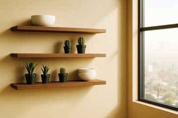 Poster - Modern wooden wall shelves with small potted plants and ceramic bowls in sunlit contemporary interior near large window with city view.
