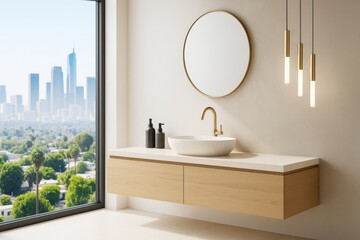 Aufkleber - Minimalist bathroom interior with modern vanity, round mirror, gold fixtures, and cityscape view through large window in natural daylight.