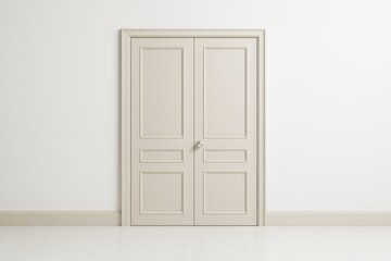 Poster - Classic double interior beige doors with molding in a minimalist modern room with white walls and tiled floor, front view centered composition.