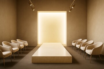 Poster - Contemporary minimalist interior with centered stage, soft lighting, and symmetrical seating arrangement in modern neutral-toned room design.