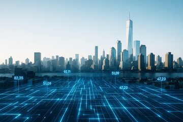 Aufkleber - Futuristic digital cityscape with glowing data grid overlay in modern skyline during daylight.