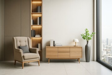 Poster - Modern cozy living room with beige armchair, wooden sideboard, built-in shelf, and large window with city view in minimalistic interior style.