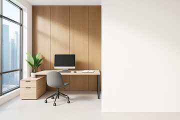 Aufkleber - Modern home office interior with wood panel wall, desktop computer, plant, and blank white wall for branding or design mockup concept template.