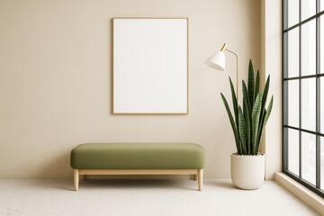 Aufkleber - Minimalist modern interior with green bench, blank frame, floor lamp, and potted plant in sunlit room with large window and soft beige walls.