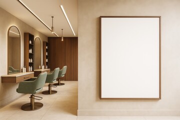 Poster - Modern salon interior with green chairs and blank vertical poster frame on beige wall in minimal contemporary room with wooden decor and lighting fixtures.