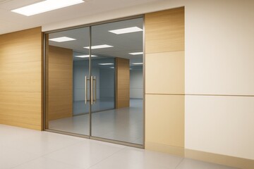 Poster - Modern empty office interior with glass doors and wood panel walls in bright lighting, showcasing contemporary indoor architectural design concept.