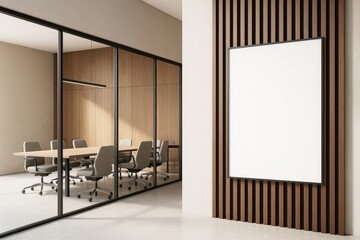 Poster - Contemporary office interior with wooden panel wall and blank vertical frame next to modern glass-walled meeting room with chairs and table.
