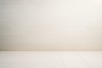 Poster - Minimalist empty white brick wall and tiled floor interior background with soft lighting for branding or creative mockup display concepts.