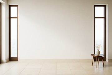 Poster - Contemporary minimalist interior with two tall windows and blank wall in neutral tones, small wooden table with vase decor in clean styled room.