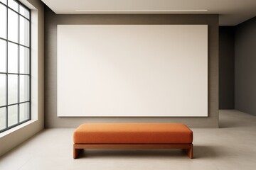 Poster - Contemporary empty interior room with large white blank wall, orange bench and floor-to-ceiling window, ideal for branding mockup concept.