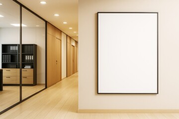 Poster - Blank white frame on wall in modern office hallway with wooden doors and glass partitions, minimalist interior and clean design concept..