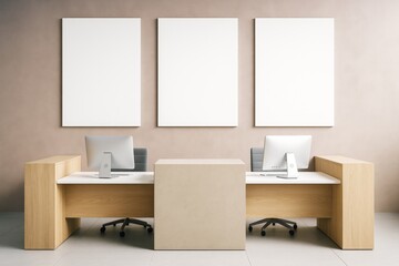 Poster - Modern office interior with two wooden desks and three blank vertical posters on beige wall in minimalist style for branding or mockup purposes.