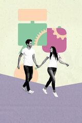 Poster - Image vertical photo pop collage of happy girl guy send receive message notification speech chat networking dialogue gearwheel
