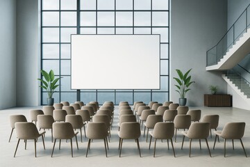Poster - Modern empty conference room with blank screen, stylish chairs, and large windows in contemporary architecture interior with clean design concept.