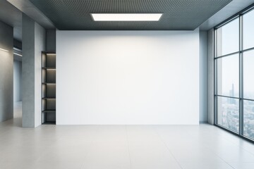 Poster - Empty modern room with large window, ceiling light, and white wall for branding or design mockup in a contemporary architectural interior space.