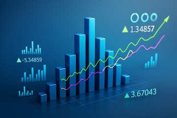 Poster - Business bar and line chart with glowing data symbols on a blue background showing financial growth and analysis in a creative digital style.