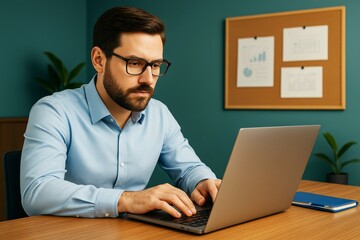 Poster - Focused businessman typing on laptop in modern office with teal background and data charts on corkboard, concept of productivity and work balance.