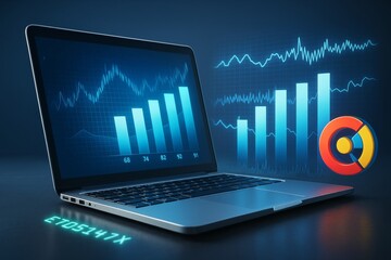 Poster - Business analytics bar chart on laptop screen with glowing graphs and data interface elements on dark abstract background.