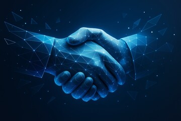 Aufkleber - Digital handshake made of glowing polygons symbolizing futuristic business agreement on dark background with abstract light network connections.