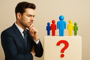 Poster - Businessman evaluating colorful human figures on pedestal with question mark against light background, symbolizing creative decision-making process.