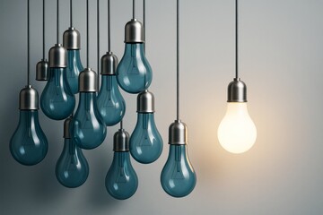 Poster - Illuminated light bulb among unlit blue bulbs hanging against a neutral background, symbolizing innovation and leadership concept.