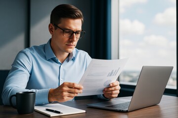 Aufkleber - Focused businessman analyzing financial documents at desk with laptop and coffee in modern office with soft light and abstract background.