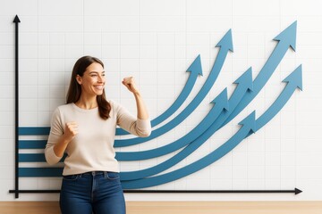 Poster - Confident businesswoman celebrating success with upward arrow growth chart on white wall background in a modern business concept setting.