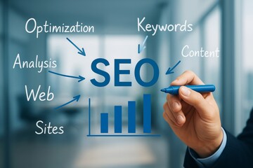 Aufkleber - SEO concept with optimization, keywords, content and analysis terms shown on transparent screen in business setting with blurred office background.