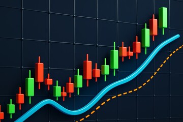 Poster - Colorful candlestick chart with upward trend lines on modern dark background representing business growth and finance analytics concept.