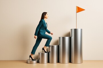 Poster - Businesswoman climbing metallic podium steps with flag on top symbolizing success and achievement on light background. Ai generative.