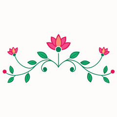 Poster - Floral swirl decorative design element with pink flowers and green leaves on white
