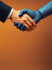Poster - Human and robot handshake symbolizing technology partnership and innovation on orange background with copy space for business design or promotion.