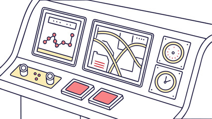 Illustration of a control panel with screens displaying graphs, gauges, and buttons in a vehicle dash