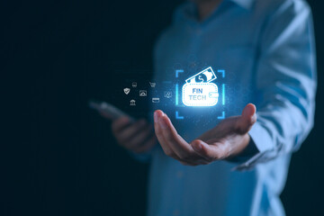 FinTech, Financial technology, Digital payment concept, AI, banking economy and money, Businessman with online wallet tech, finance investment.