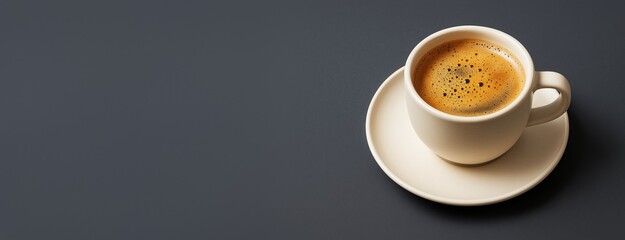 Aufkleber - Cup of espresso coffee on saucer placed on dark background with empty copy space for advertising or template use in clean modern design concept.