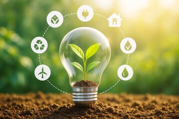Poster - Eco-friendly energy concept with green plant growing inside light bulb symbolizing sustainability and renewable innovation on natural background.