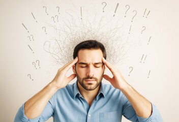 Poster - Stressed man touching temples with chaotic lines and symbols around head on light background, symbolizing confusion and mental overload. Ai generative.