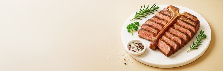 Poster - Grilled T-bone steak sliced on white marble plate with herbs and spices on light background, perfect for food advertising or restaurant menu mockup.