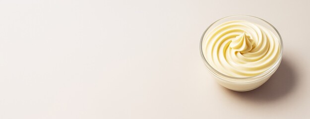 Poster - Swirled vanilla cream in clear glass bowl on light beige background with copy space for food advertising or design template concepts.