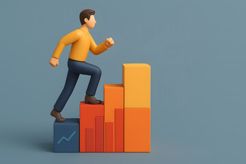 Poster - Business Growth Concept with 3D Person Climbing a Bar Chart