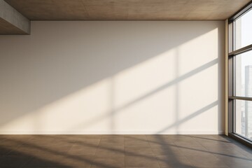 Poster - Bright sunlight casting diagonal shadows on empty wall in modern room with large windows and tiled floor, minimalist background concept.