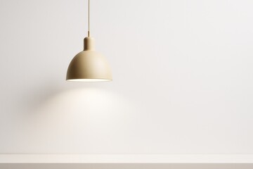 Poster - Minimal beige pendant light hanging over white table on plain background with soft glow and shadow detail. Ai generative.