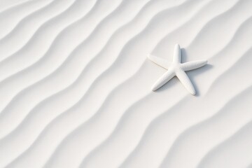 Poster - White starfish lying on smooth wavy sand surface with soft shadows under natural light on minimal background. Ai generative.