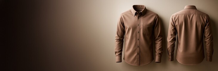 Poster - Brown long sleeve shirt front and back view on gradient background with clean copyspace for advertising or fashion brand mockup template design.