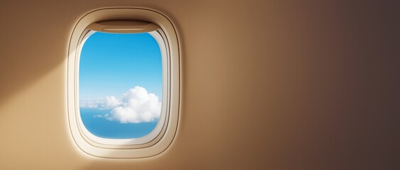 Poster - Airplane window with clear blue sky and clouds, soft interior wall and empty copyspace for design or advertising banner concept.