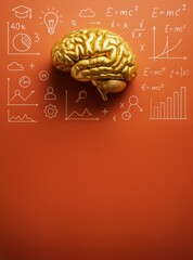 Poster - Golden brain with educational and scientific doodles on orange background with copy space for academic or creative design concepts.