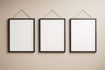 Poster - Three blank black picture frames hanging on beige wall with soft lighting and empty white space for design or poster mockup template concept.