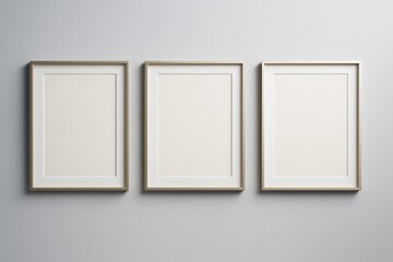 Poster - Three vertical blank picture frames with light wood borders hanging on a plain grey wall background in minimalist style for mockup or branding design.
