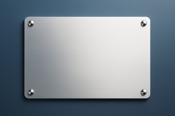 Poster - Metallic blank plaque with screws on clean blue wall background for branding or signage mockup concept design template with copy space.