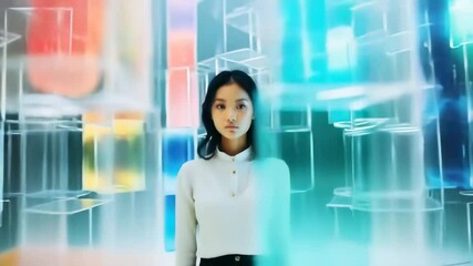 Poster - Woman Surrounded by Colorful Light Cubes in Modern Art Installation Generative AI